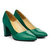 Pantofi dama toc gros din piele naturala verde 2029