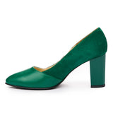 Pantofi dama toc gros din piele naturala verde 2029