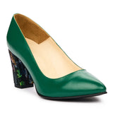 Pantofi dama toc gros din piele naturala verde 2031