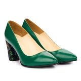 Pantofi dama toc gros din piele naturala verde 2031