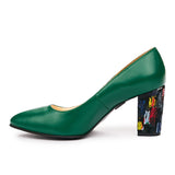 Pantofi dama toc gros din piele naturala verde 2031